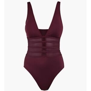 LA BLANCA Strappy Mesh Inset One Piece Swimsuit Deep V Neck Dark Cherry Size 16